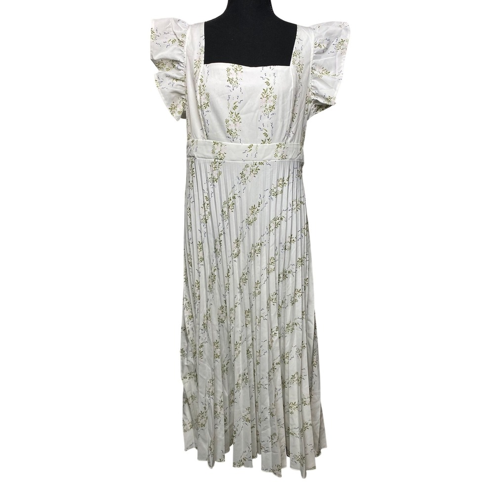 Aveloria White Floral Ruffle Sleeve Pleated Maxi Dress Women's Large 8/10